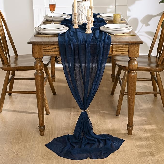 Artoid Mode Boho Cheesecloth Gauze Navy Blue Wedding Table Runner, 120 Inch Seasonal Fabric Kitchen Dining Holiday Table Decor for Home Party Indoor