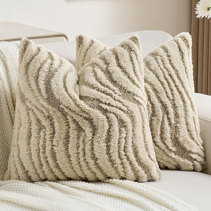 FUTEI Beige Decorative Throw Pillow Covers 22x22 Inch Set of 2,Soft Faux Fur Geometric Shapes Texture Cushion Case,Boho Home Decor for Couch Bed Living Room
