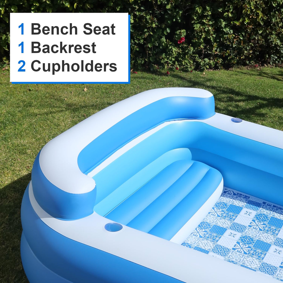 Inflatable Pool w/Bench Seat, 10ft x 6ft, Electric Pump & Ground Tarp Included - Fast Setup and Reinforced Seams