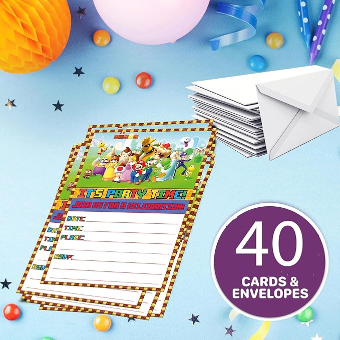 Set of 40 Classic Video Game Themed Happy Birthday Invitation Cards & Envelopes - Lightweight (240g), Postcard Style Invites for the Perfect Party Pack