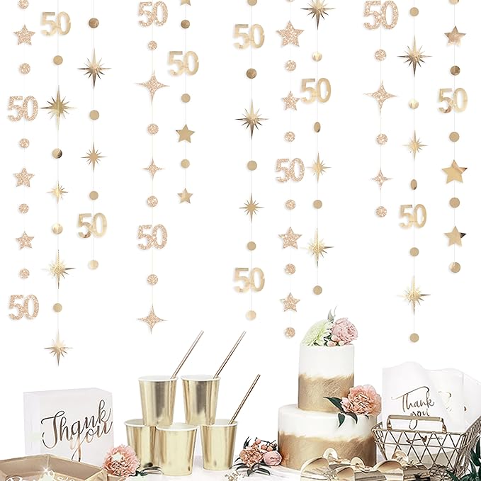 Champagne Gold 50th Birthday Decorations Number 50 Circle Dot Star Garland Metallic Streamer Banner for Women Mens Cheers to 50 Years Old Birthday Happy 50th Anniversary Vintage 1975 Party Supplies