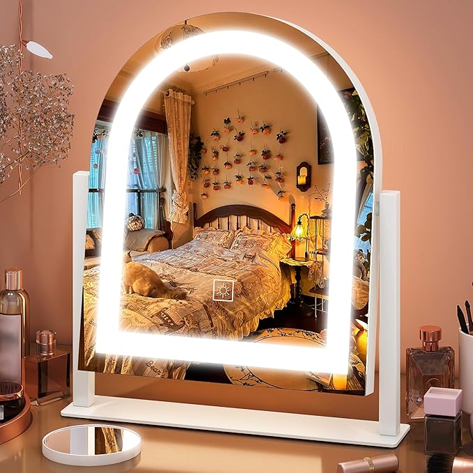 FENNIO Vanity Mirror with Lights 15"x13" Makeup Mirror with Lights, Lighted Makeup Mirror Touch Screen with 3-Color Lighting, 10X Magnification, Dimmable, for Vanity Desk Tabletop(White)