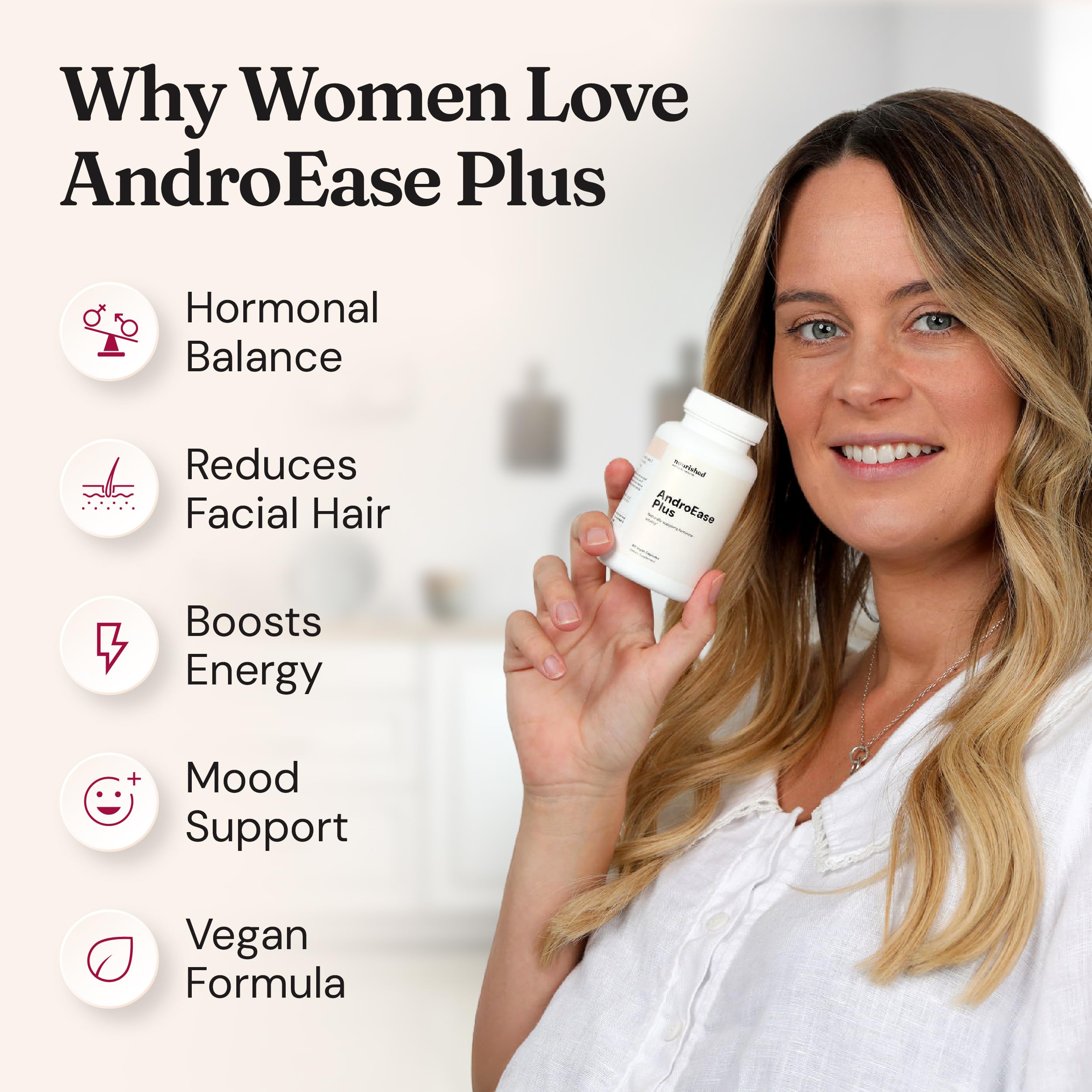 Nourished AndroEase Plus - Vegan Hormone Balance for Women - Zinc, Reishi, Green Tea and Saw Palmetto for Women - for Energy, Vitality, Facial Hair and Daily Wellness - 60 Capsules, Made in USA