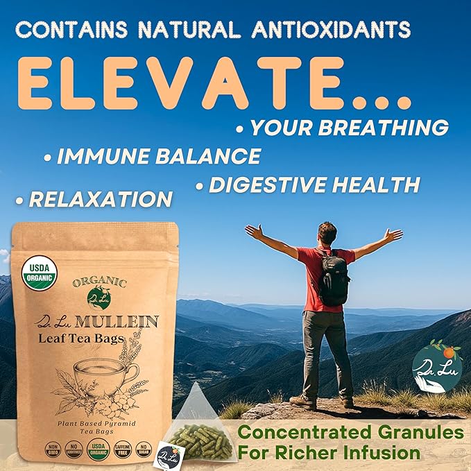Dr. Lu’s Organic Mullein Leaf Tea | High-Altitude Grown in the Rocky Mountains | Pure Botanical Respiratory Support | 30 x 3g Premium Fill Corn Fiber Pyramid Bags (No Plastic, No Nylon)