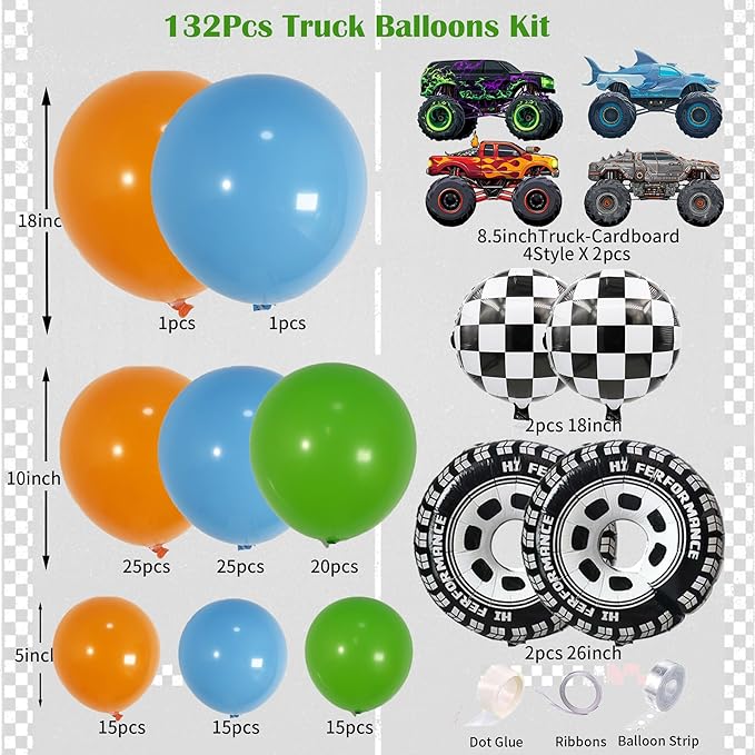 132pcs Monster Truck Birthday Decorations for Boys – Colorful Balloon Arch Kit with Wheels Foil Balloons, Truck Cutouts, Orange Green Blue Balloons, Racing Party Supplies for Kids
