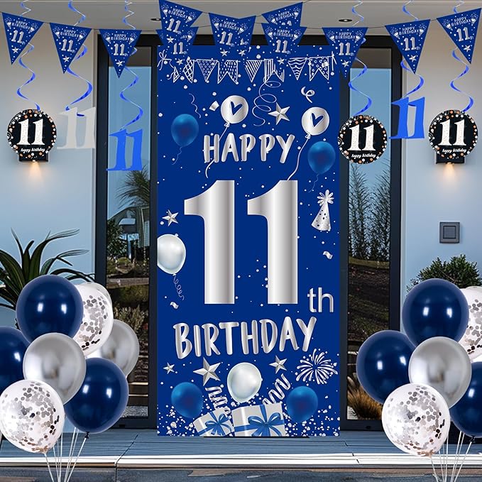 11th Birthday Decorations for Boys Girls, Blue Silver Happy 11th Birthday Decorations Set with 11th Birthday Backdrop Banner Tablecloth Balloons Triangle Flag, 11 Year Old Boy Party Decor Supplies