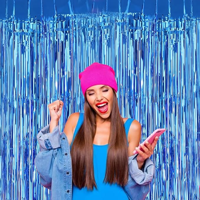3Pack Blue Foil Fringe Curtain Backdrop - 3.3ft x 8.3ft Metallic Tinsel Photo Booth Decor for Bluey Birthday Decorations
