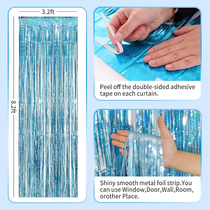 Blue Streamers for Party Decorations - 3 Pack 3.3ft x 8.3ft Tinsel Curtains for Bluey Birthday and Winter Wonderland Occasions