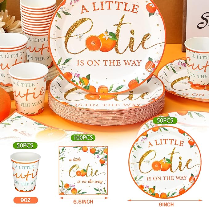 Hushee 200 Pcs Little Cutie Baby Shower Paper Plates Napkins Cups Orange Baby Shower Party Supplies Tableware Set Orange Disposable Cup Napkin for 50 Guest Girls Spring Party Decoration
