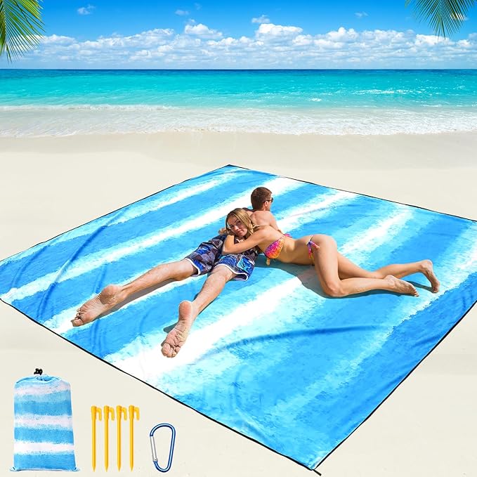 WIWIGO Beach Blanket Waterproof Sandproof Beach Mat 79" X 83"/10'x9'for 2-8 Adults Quick Drying Outdoor Picnic Mat Beach Accessories for Travel, Camping, Hiking