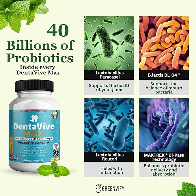 DentaVive Max Probiotic Supplement, 40 Billion CFU, 60 Capsules, Premium Oral Health Support for Teeth, Gums, Digestive Health (3)