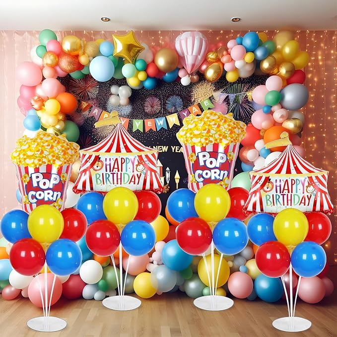 4 Sets Carnival Circus Party Balloons Stand Kit with Circus Tent Popcorn Foil Balloons Plim Theme Party Ball Balloon Centerpiece for Tables for Carnival Themed Birthday Baby Shower Decoration