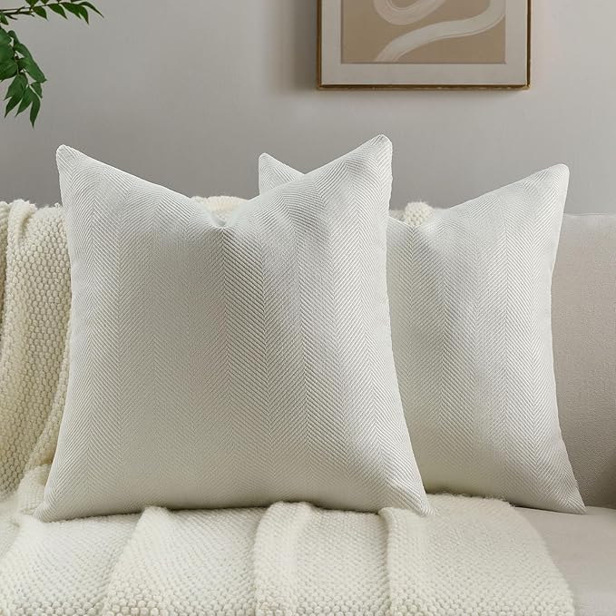FUTEI Cream White Chenille Throw Pillow Covers 22x22 Inch Set of 2,Soft Wide Chevron Textured Cushion Case,Farmhouse Home Decor for Couch Bed Living Room