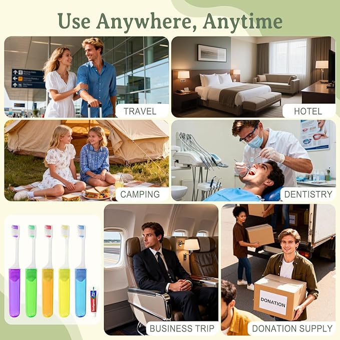 Travel Toothbrush, Toothbrush and Toothpaste Travel Set, Individually Packaged, Includes Storage Case, Foldable Design, 5 Colors, Ideal for Business Trips, and Hotels (20-Pack)