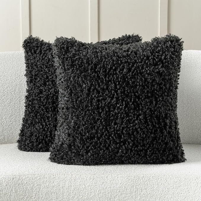 FUTEI Black Decorative Throw Pillow Covers 24x24 Inch Set of 2,Soft Fluffy Faux Wool Fur Boucle Textured European Cushion Case,Modern Home Decor for Couch Bed Living Room Office