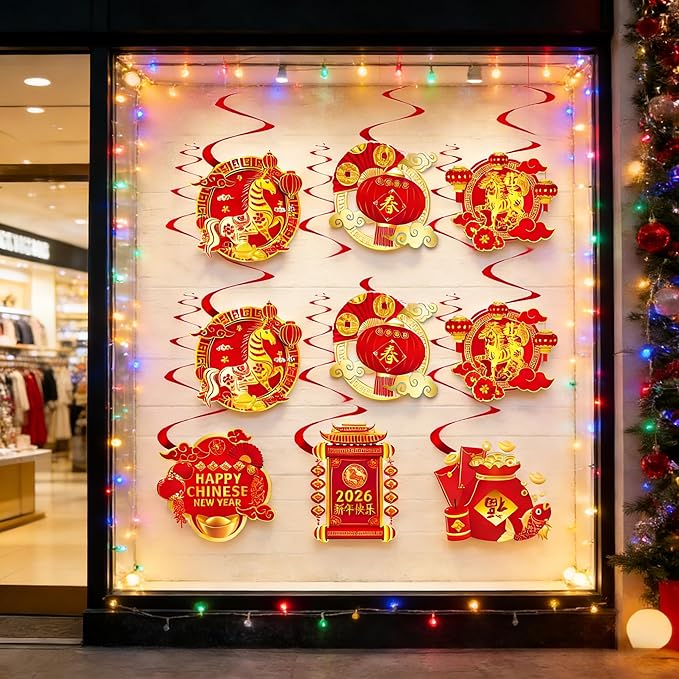KYMY 2026 Chinese New Year Hanging Swirls Decorations Kit, 24pcs Spring Festival Lunar New Year Streamers & Cutouts for Zodiac Horse Oriental Asian New Year Home Office Party Supplies