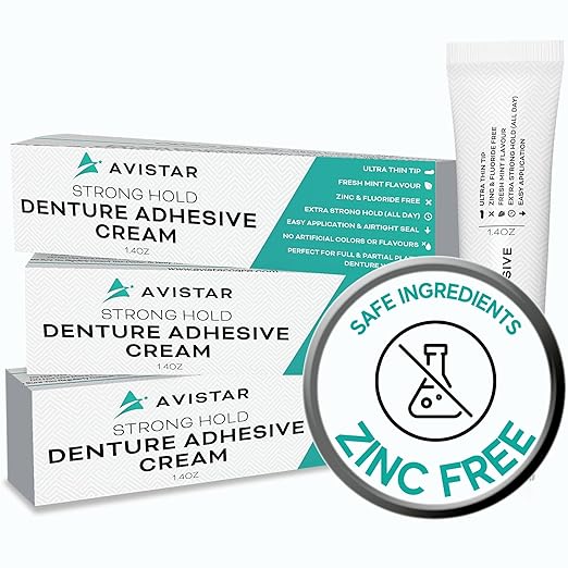 Extra Strong Denture Adhesive Cream, 12 Hour Hold Dental Glue, Waterproof, Zinc & Fluoride Free, Easy Apply Nozzle, Seals Food Out for Comfort, Mint Flavor (3 Pack, 4.2 Fl Oz)