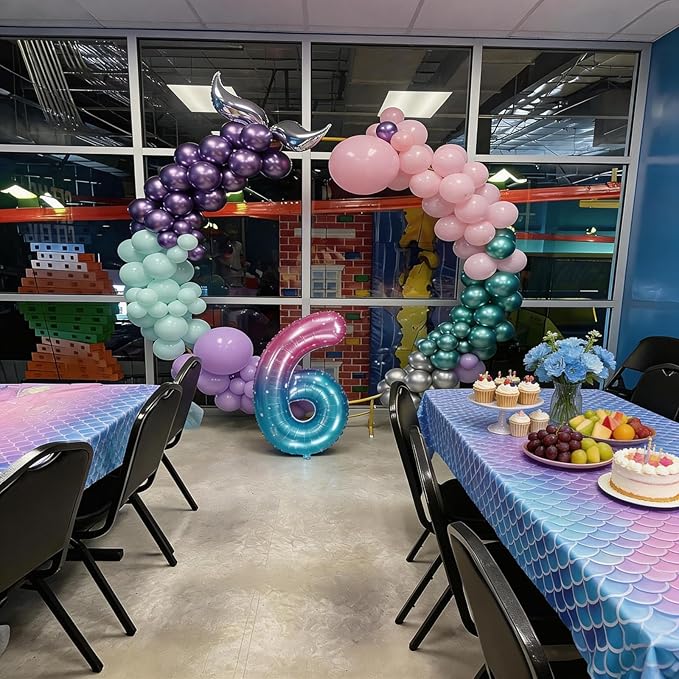 6th Mermaid Birthday Decoration for Girls,Pink Purple Green 6th Birthday Balloon Number 6 Seashell Foil Balloons Banner Mermaid Sea Party Decor Supplies for 6 Year Old