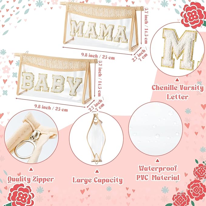 Boho Patch Cosmetic Bag, Mother's Day MAMA BABY Chenille Varsity Letter Travel Toiletry Makeup Bag Summer Beige Clear Waterproof Makeup Pouch PVC Zipper Clutch Daily Use Purse for Mom Women