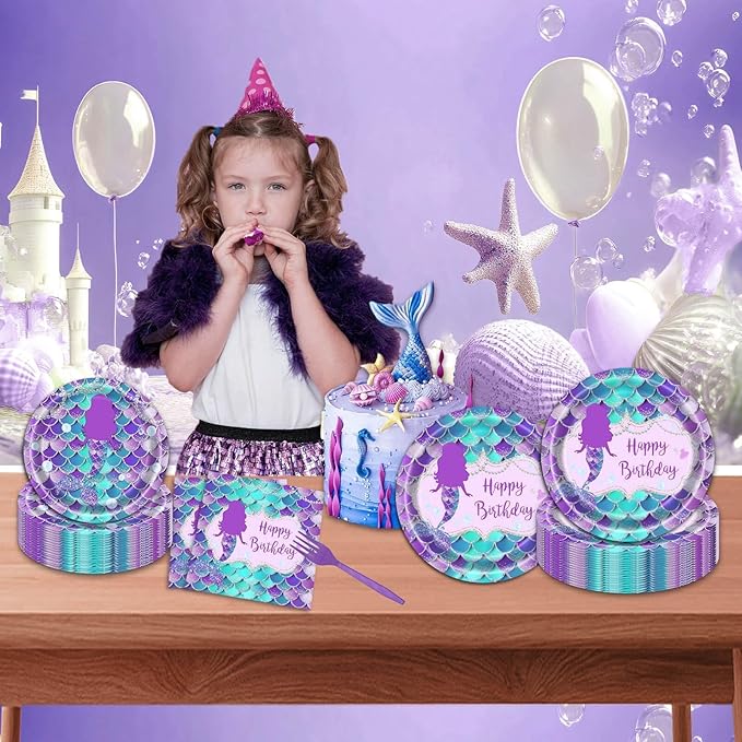 Vanulus 96 PCS Mermaid Birthday Party Supplies Set Mermaid Plates and Napkins Birthday Party Tableware Packs Decorations Little Mermaid Disposable Paper Plates Napkins Forks Serve 24 Guests