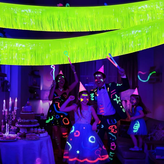 Mega-L Glow in The Dark Party Supplies, 4 Pack Foil Fringe Garland Birthday Party Decorations 9.8 ft Fluorescent Macaron Yellow Metallic Tinsel Streamers Banner, Glitter Photo Booth Prop Table Skirt