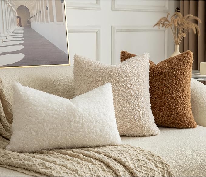 Pack of 2 Curly Teddy Wool Faux Fur Throw Pillow Covers Fuzzy Accent Soft Sherpa Pillowcases Sheepskin Fleece Decorative Cushion Case for Sofa Couch Living Room 18x18 Inch Bronze