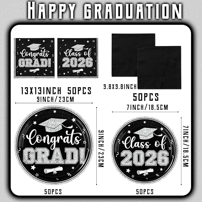 Graduation Plates and Napkins 2026,Black and Silver Graduation Decorations 200pcs Graduation Paper Plates and Napkins Graduation Party Supplies for Graduation Party Decorations,Serve 50