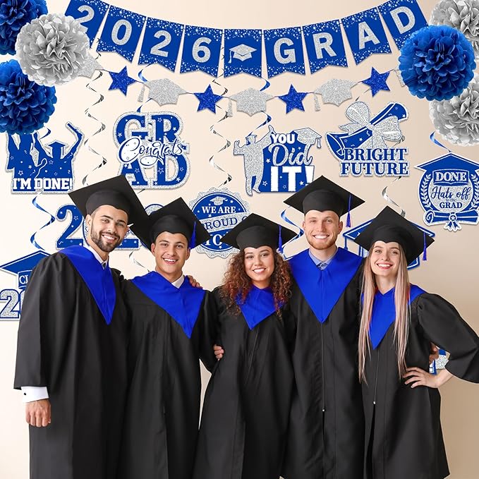 Blue and Silver Graduation Decorations, 2026 Grad Banner and Congrats Grad Hanging Swirls, Blue Graduation Banner Graduations Hanging Swirls College Graduations Party Decorations Class of 2026
