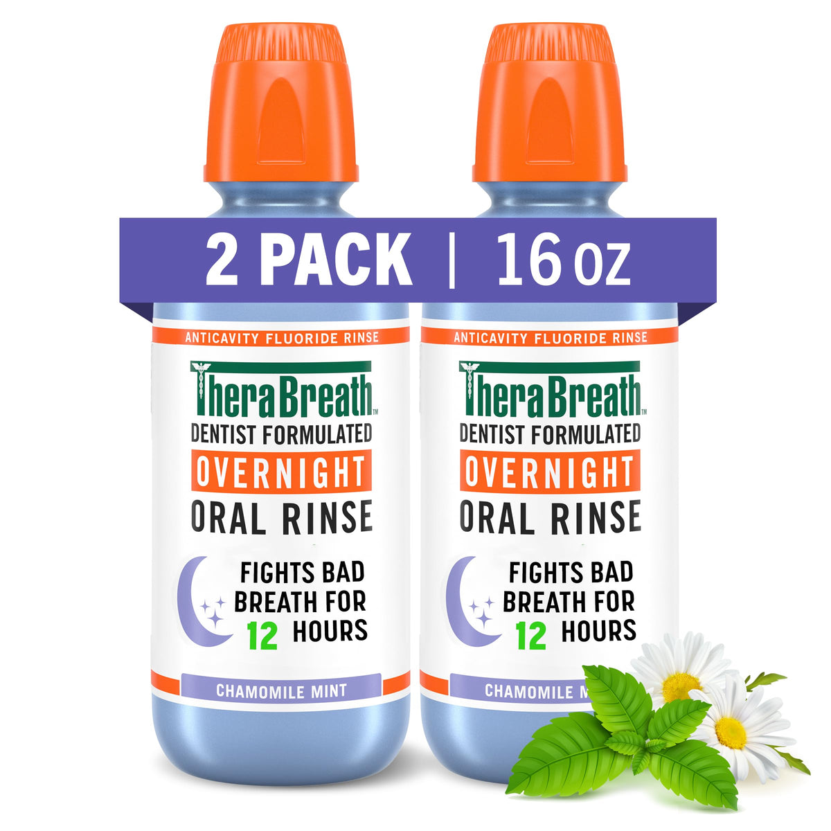 TheraBreath Overnight & Whitening Mouthwash Bundle, Chamomile Mint & Dazzling Mint Flavors, Fluoride & Alcohol Free, Fights Bad Breath 12 Hours, Removes Stains, Pack of 2, 16 fl oz Each