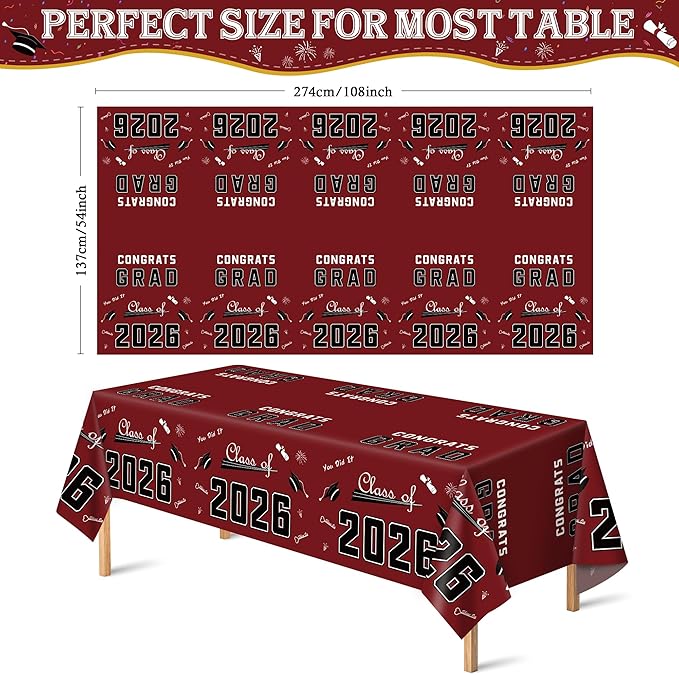 OHOME Maroon Graduation Decorations Class of 2026 - Graduation Party Decorations 2026 - Disposable Plastic Tablecloth for Class of 2026 Decorations Party Favors Supplies Banner,54" X 108",2 Pack