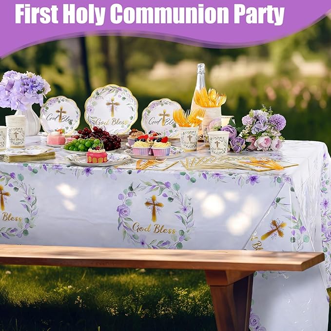 Pickmesh 194 Pcs God Bless Baptism Party Decoration Girl for 24, Purple Flroal Baptism Paper Plate Napkin Cup Tablecloth Cutlery First Holy Communion Tableware for Christening Baby Shower Supplies