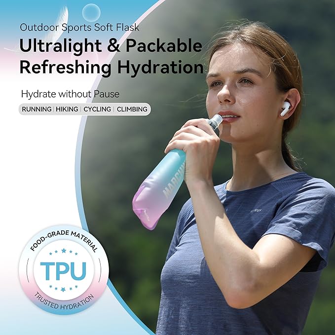 MARCHWAY Soft Hydration Flask with Wide Mouth, 300ml/500ml Collapsible TPU Water Bottle, Leakproof Portable Flexible for Running, Hiking, Cycling, Climbing, Gym, Travel (2pcs Blue-Purple 500ml)