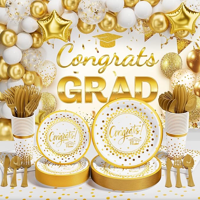 Ecomore 2026 Graduation Decorations - 245 PCS Grad Disposable Dinnerware(Serve 25) & Graduation Party Supplies With Congrats Paper Plate Cup Napkin Cutlery Tablecloth Backdrop Balloon Kit - White Gold