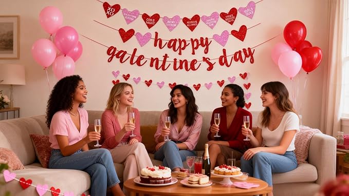 Deneo Happy Galentine's Day Banner, Red Glittery Galentine’s Day Decorations with Heart Garland Banner, Ladies Girls Happy Valentine’s Day Party Decorations Photo Prop