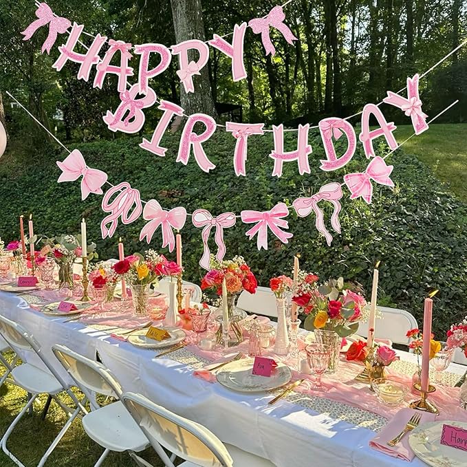 Pre-Strung Pink Bow Birthday Decorations, Pink Coquette Party Decorations, Bow Party Supplies Include Happy Birthday Banner, Bow Garland Banner for Girls