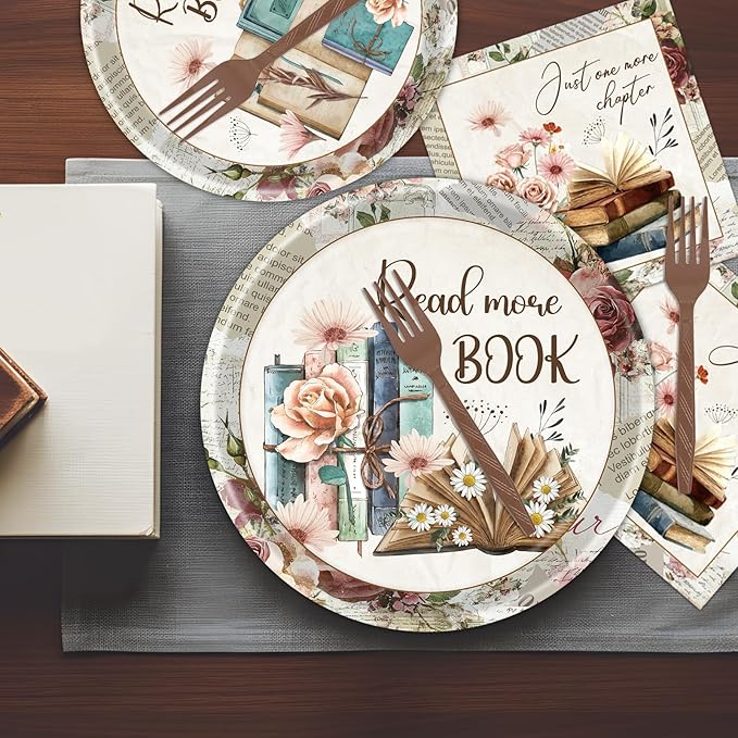 Rakuto Book Themed Party Decorations, 96PCS Vintage Book Club Paper Plates and Napkins Birthday Decoration, Reading Library Bookworm Forks Decor Supplies for Birthday Baby Shower Serve 24