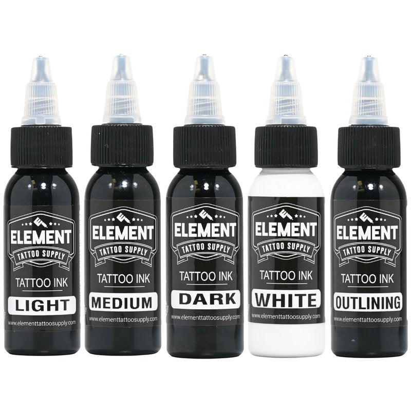 Element Tattoo Supply Greywash Tattoo Ink Set Light Medium Dark Blend Nighthawk Black Element White Formula for Shading Outlining Mixing Tattoo Work 1oz Bottle 5 Bottles