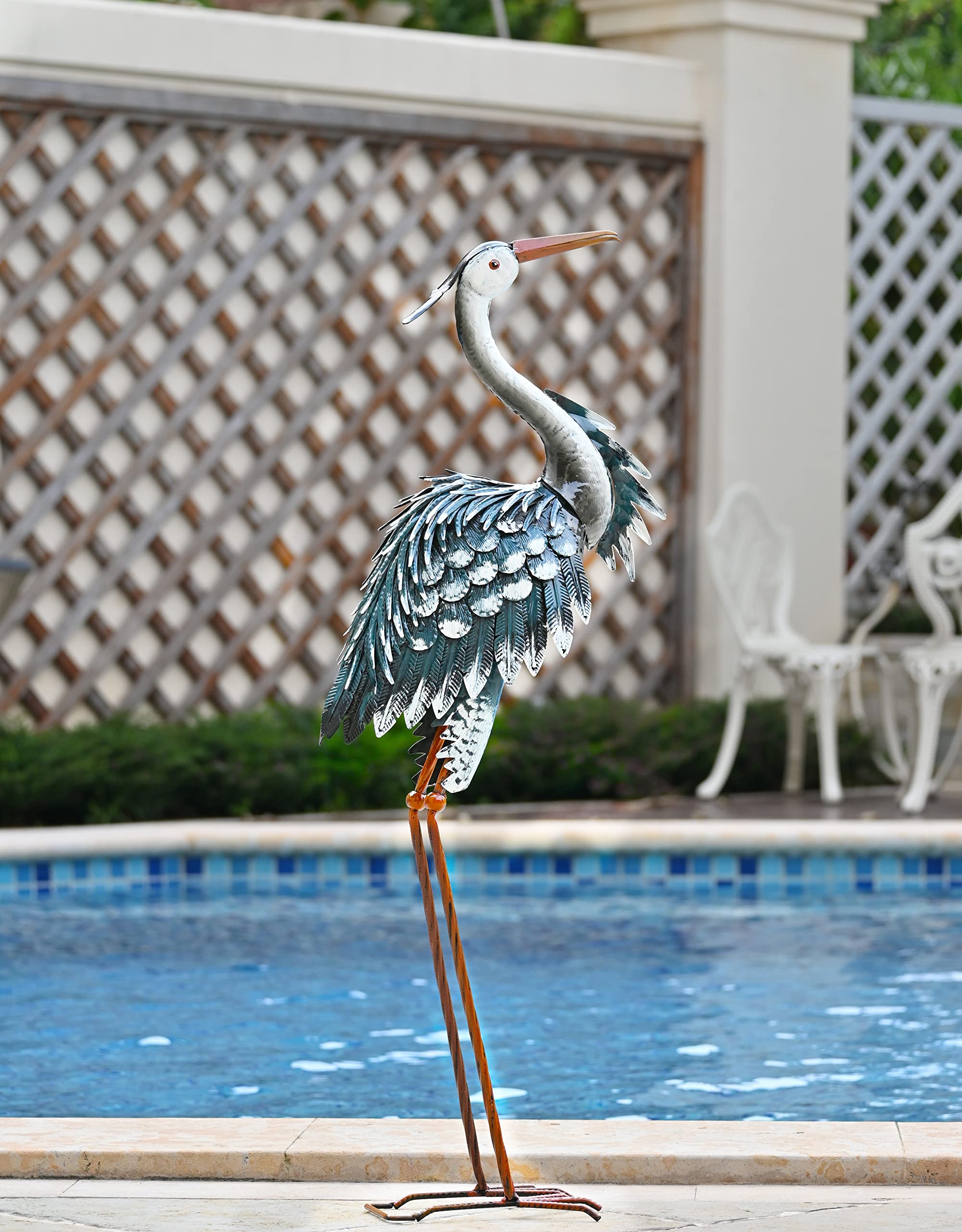 TERESA'S COLLECTIONS Garden Decor Blue Heron Sculptures & Statues Decor, 33.8 Inch Coastal Metal Cranes Decoy for Outdoor Outside Yard Art Patio Pond Pool Lawn Decorations,Housewarming Gift