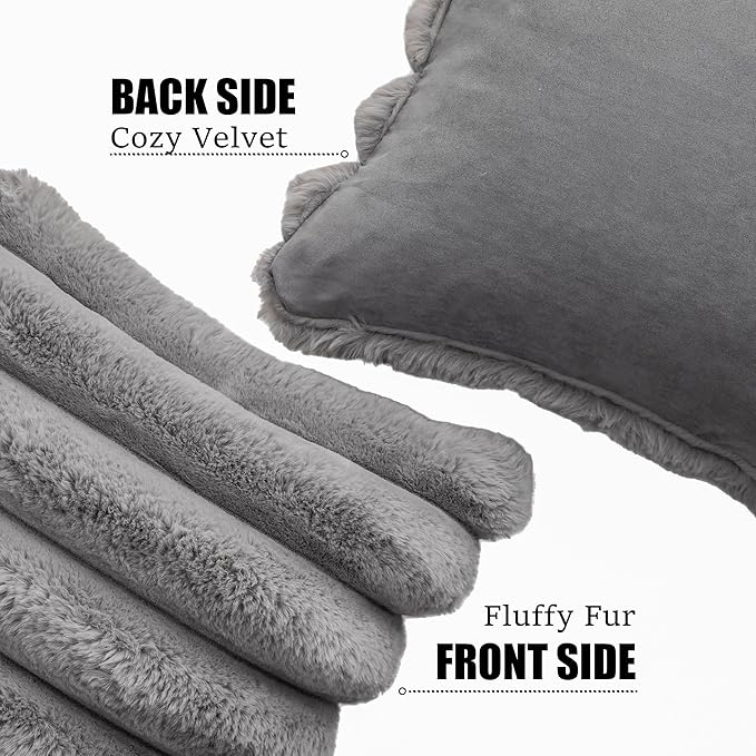 Neelvin Grey Faux Fur Cozy Soft Striped Decorative Throw Pillow Covers 20x20 inch Set of 2,Velvet Pillowcase Cushion Case for Sofa Couch