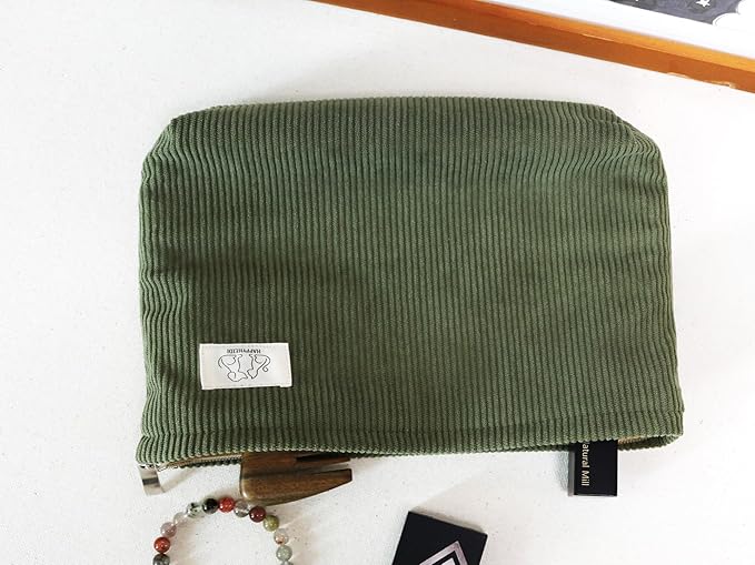 HAPPYHEIDI Navy Green Corduroy Makeup Bag Cosmetic Toiletry Travel Pouch, Make Up Accessory Purse Organizer, Canvas Lined