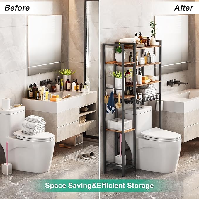 8-Tier Over The Toilet Storage with Side Rack, Over Toilet Storage Rack with Adjustable Shelf & Drain Basket, Freestanding Bathroom Organizer for Balcony, Laundry (Vintage Brown)
