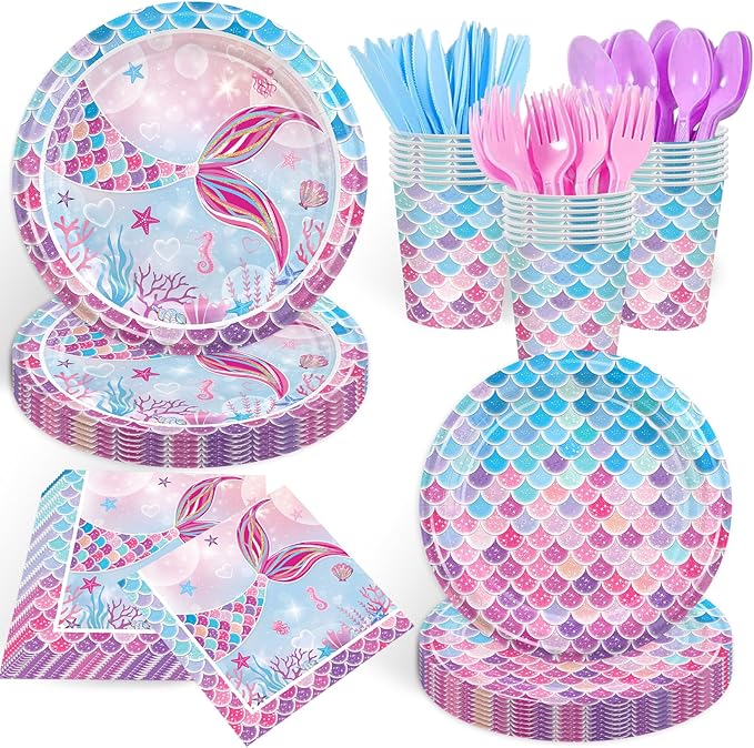 168PCS Mermaid Party Supplies for Birthday Watercolor Summer Party Decorations Plates Cups Napkins Tableware 24 Guests