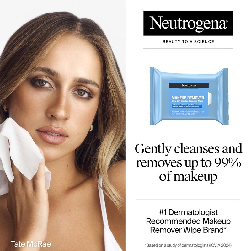 Neutrogena Makeup Remover Wipes, Daily Ultra-Soft Micellar Cleansing Wipes Gently Remove Oil & Makeup with No Heavy Residue, formulated without alcohol & Made with Plant-Based Cloth, 25 ct, 6 Pack