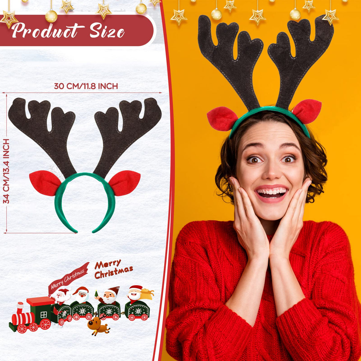 Zubebe 36 Pcs Christmas Reindeer Antlers Headband Xmas Deer Antlers Horns Headband with Ears Deer Decor (Red Brown,13.39 x 11.81 Inches)