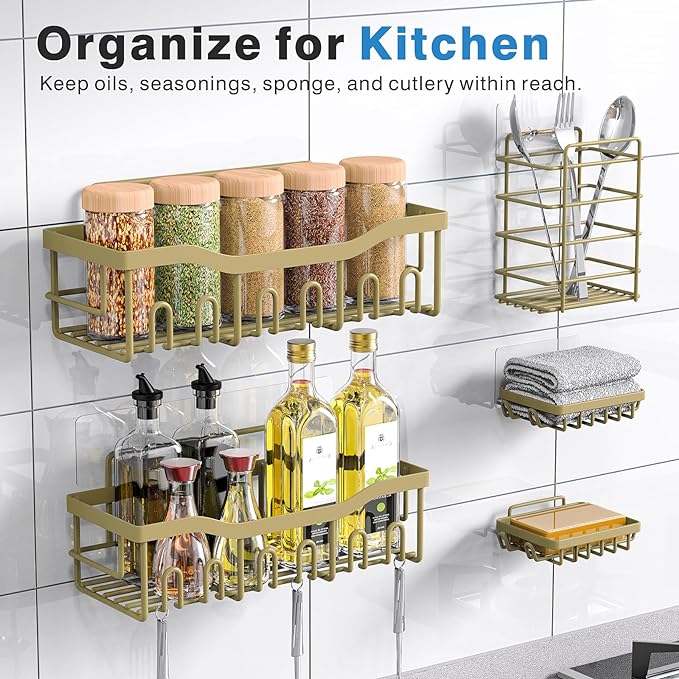 EUDELE 5-Pack Rustproof Stainless Steel Shower Caddy – No Drill Adhesive Bathroom Organizer with Large Capacity, Spacious Shower Shelves for Inside Shower, Kitchen & Home Decor Storage-XL Size