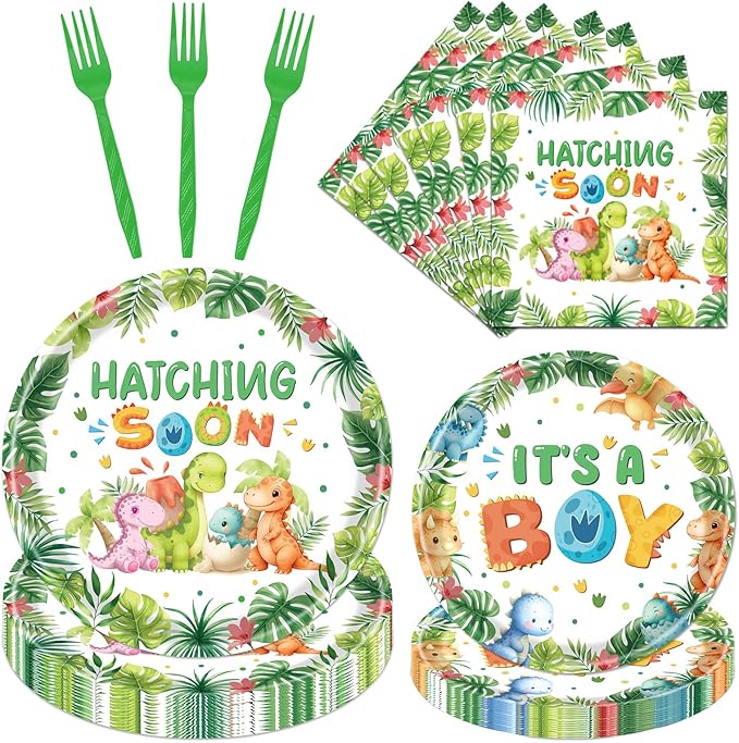 Rakuto Dinosaur Baby Shower Decorations, 96PCS Hatching Soon Baby Shower Disposable Paper Plates Napkins Party Decorations, Watercolor Dinosaur It's a Boy Forks Decor Supplies Serves 24