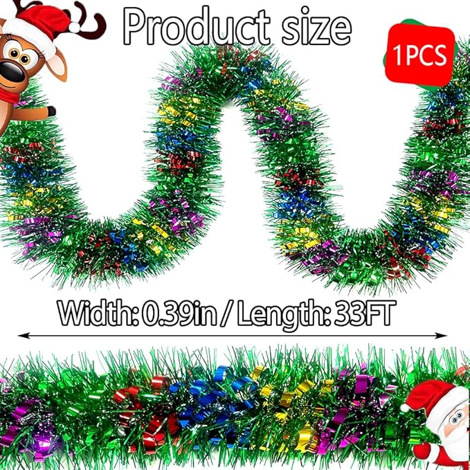 33Ft Green Tinsel Twist Garland Shiny Thick Metallic Foil Xmas Tree Decorations for Christmas New Year Parties St Patricks Day Parade Floats and Other Holidays Party Hanging Decor-(Colours+Green)