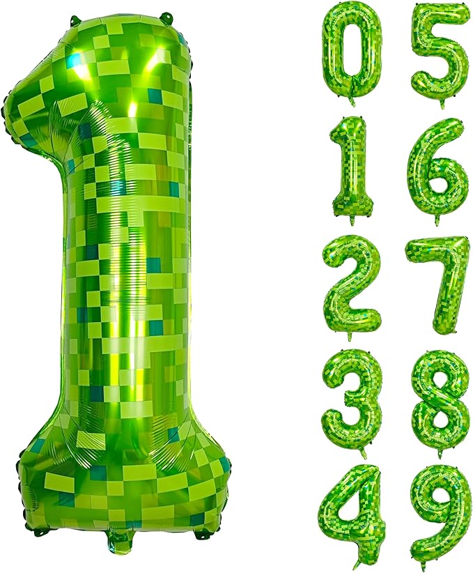40 inch giant Green pixel miner game number 1 balloon Large mining theme foil balloon 0-9 Suitable for pixel game parties children's birthdays party anniversary celebrations baby shower decoration