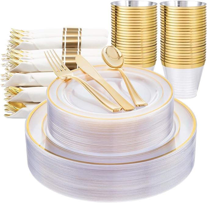 WELLIFE 350PCS Clear-Gold Plastic Plates - 100 Disposable Plates, 150Plastic Silverware, 50 Cups, 50 Napkins for Wedding & Party