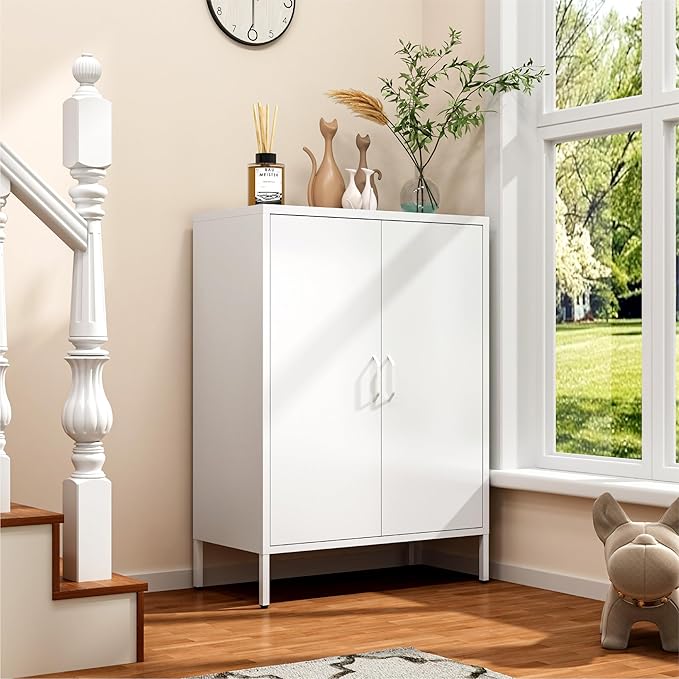 Metal Locker Cabinet, White Accent Storage Cabinets with 2 Doors And Adjustable Shelves, 3 Tier Modern Storage Freestanding Sideboard for Living Room,School,Office Home Kitchen (White, 2Doors-40"H)